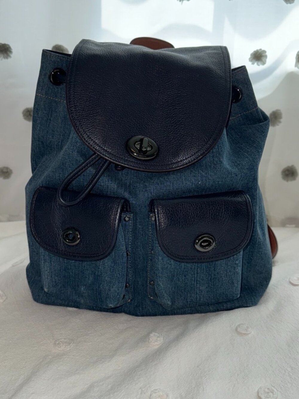 Coach Billie Backpack Blue Denim Leather Adjustable Straps Zip Closure Purse